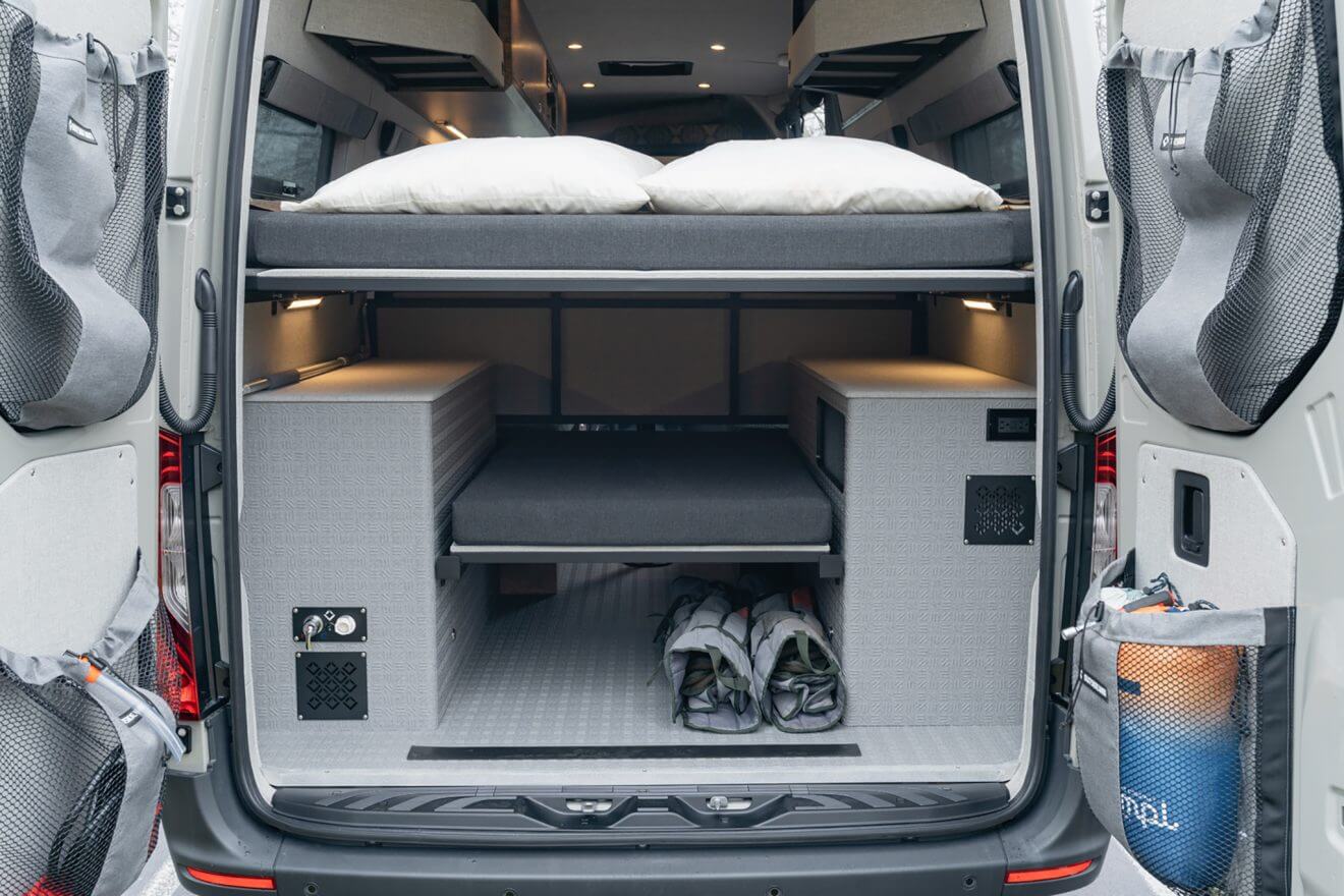 custom van conversion Tumbleweed 2021 mercedes benz sprinter 170 4wd seat four sleep three rear garage lower sleep panel