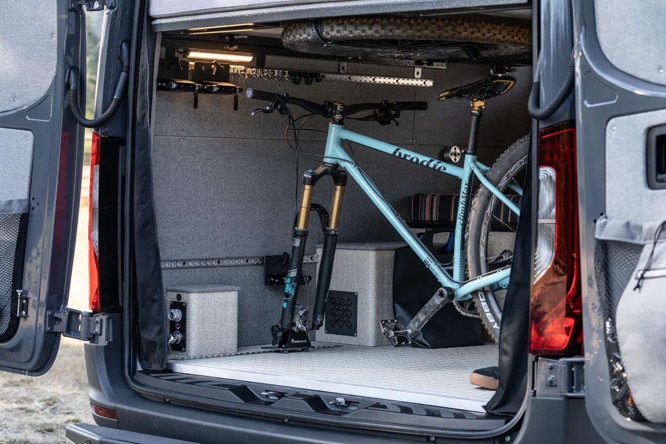 custom van conversion Caldera 2021 mercedes benz sprinter 170 4wd seat three sleep three rear garage internal bike storage