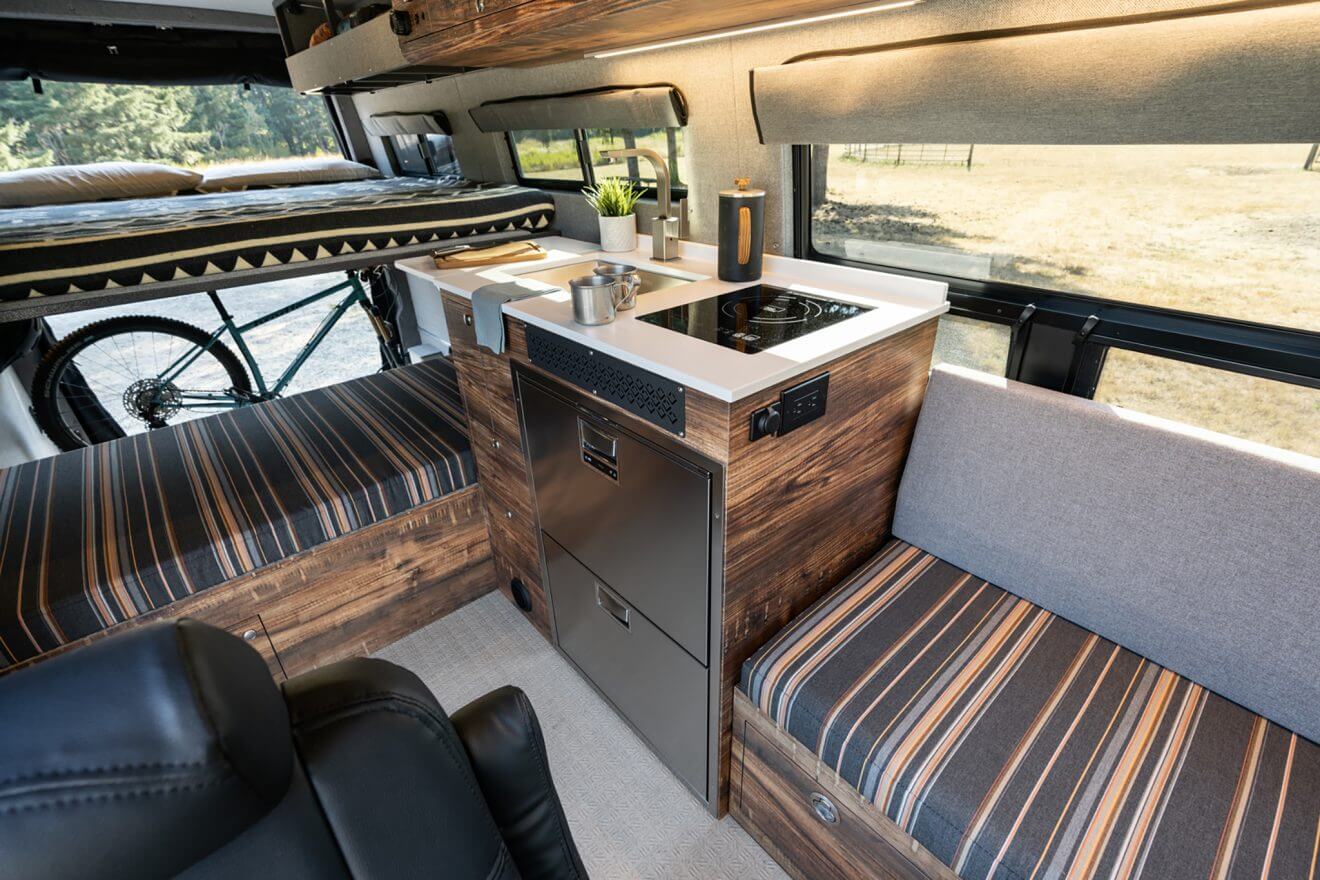 custom van conversion Caldera 2021 mercedes benz sprinter 170 4wd seat three sleep three interior galley kitchen