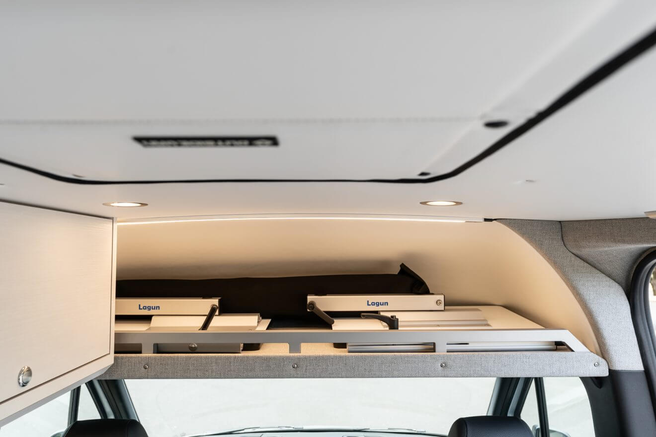 custom van conversion Loma 2021 mercedes benz sprinter 170 4wd seat four sleep three overhead cab shelf lagun table
