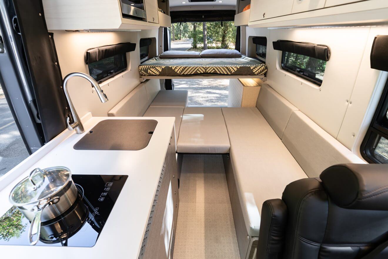 custom van conversion OBI 2022 mercedes benz sprinter 170 4wd seat three sleep three interior cabin