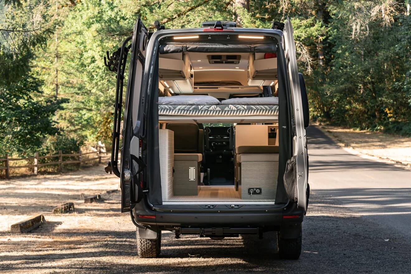 custom van conversion OBI 2022 mercedes benz sprinter 170 4wd seat three sleep three bilstein shock rear exterior gargae
