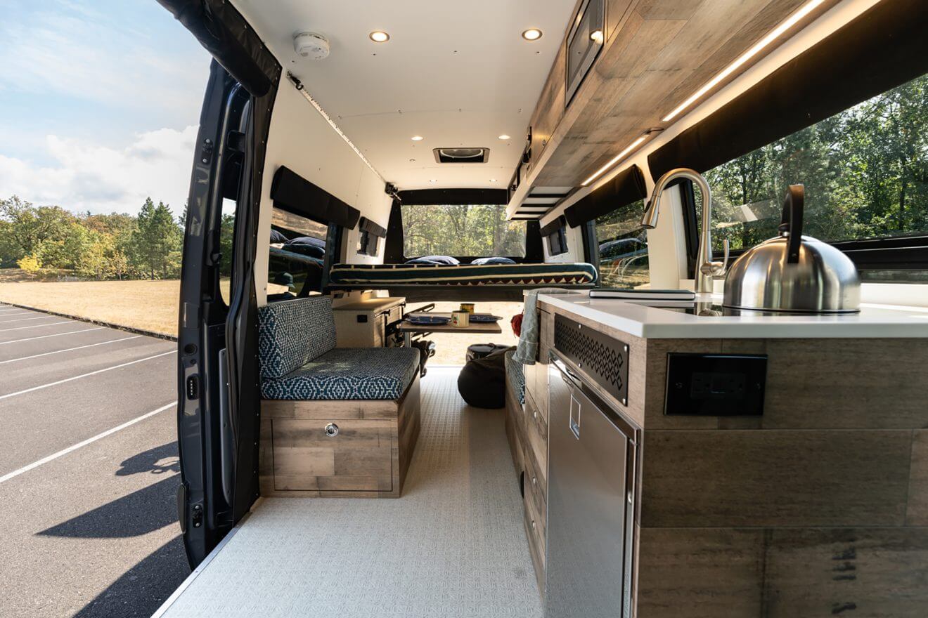 custom van conversion distillation 2022 mercedes benz sprinter 170 4wd seat two sleep three galley cabin