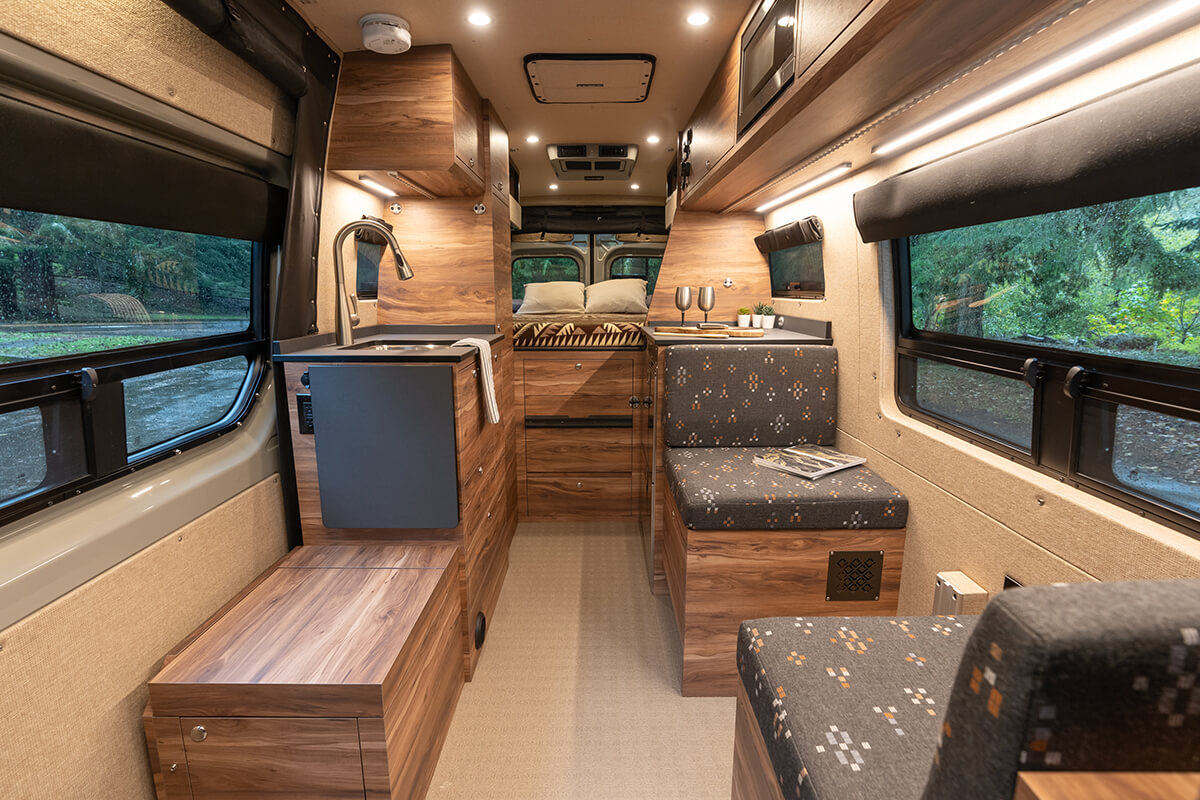custom van conversion podium 2.0 2022 mercedes benz sprinter 170 4wd dually interior galley custom upholstery seating