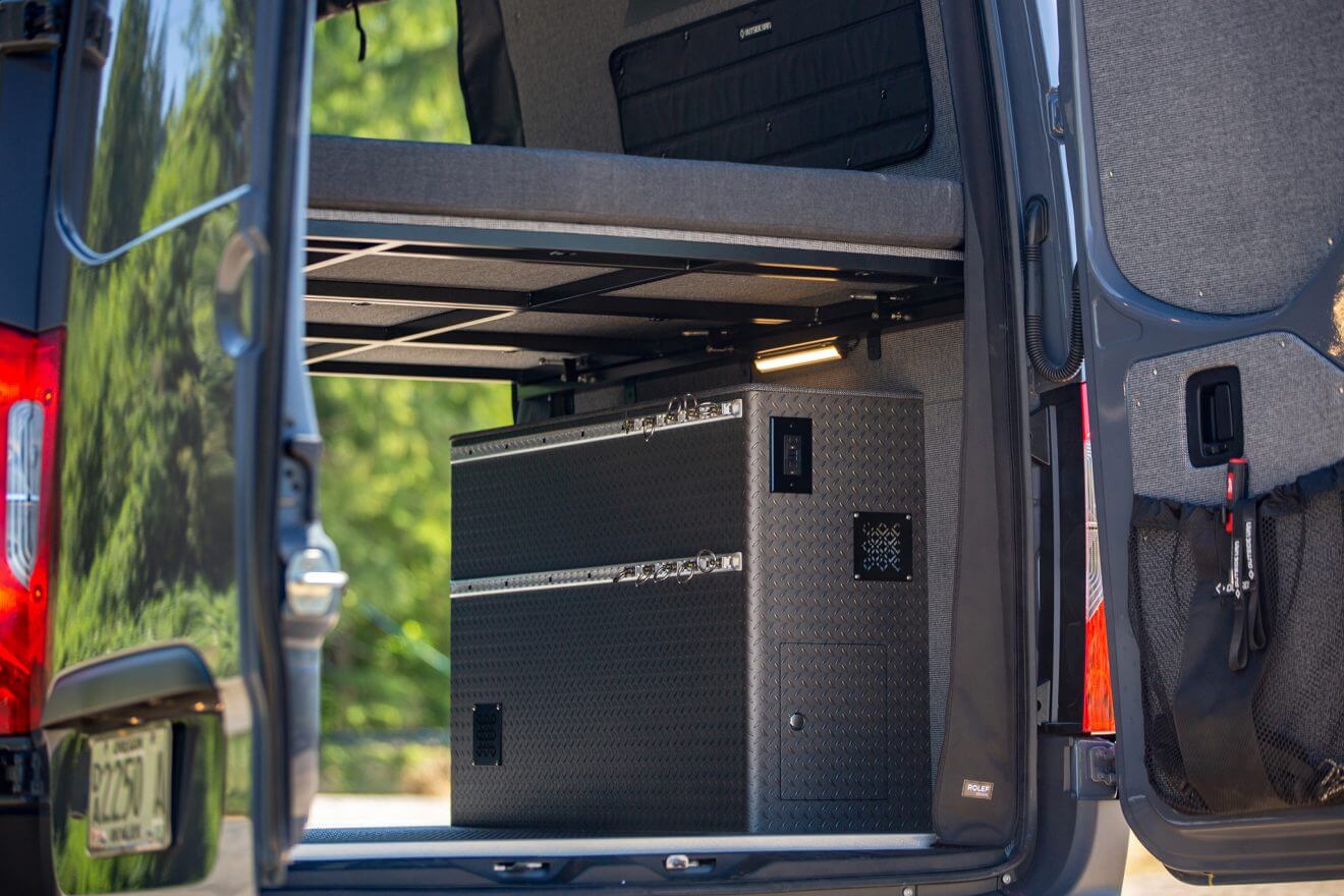 Detail image of mac's versatie track inside custom off road 144 sprinter van