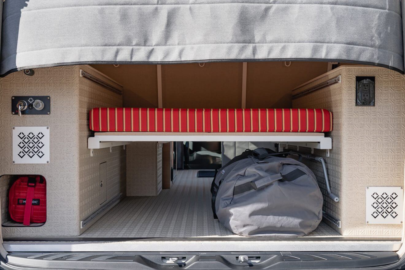 custom van conversion Haven 2021 mercedes benz sprinter 170 4wd seat two sleep three lower garage gear space extra sleeping