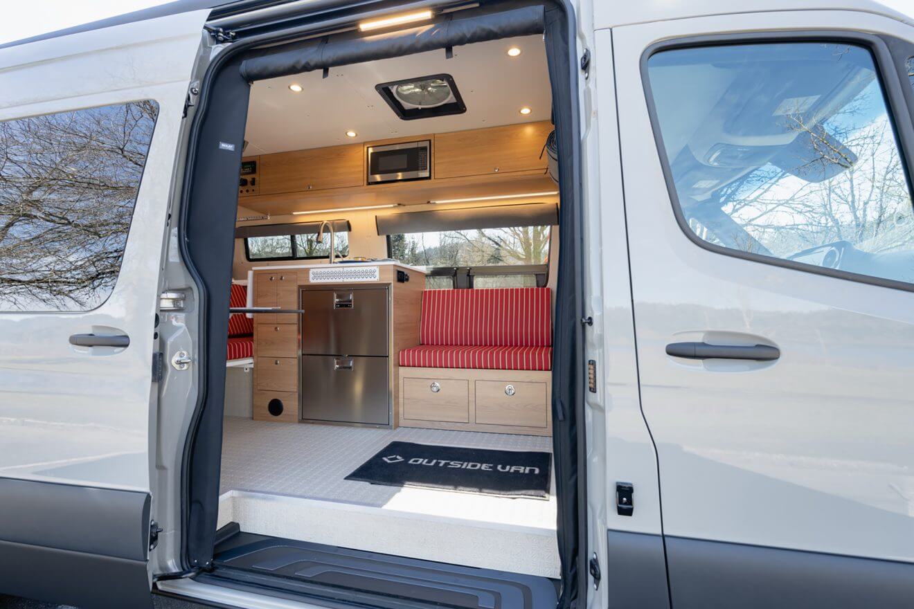 custom van conversion Haven 2021 mercedes benz sprinter 170 4wd seat two sleep three passenger slider interior