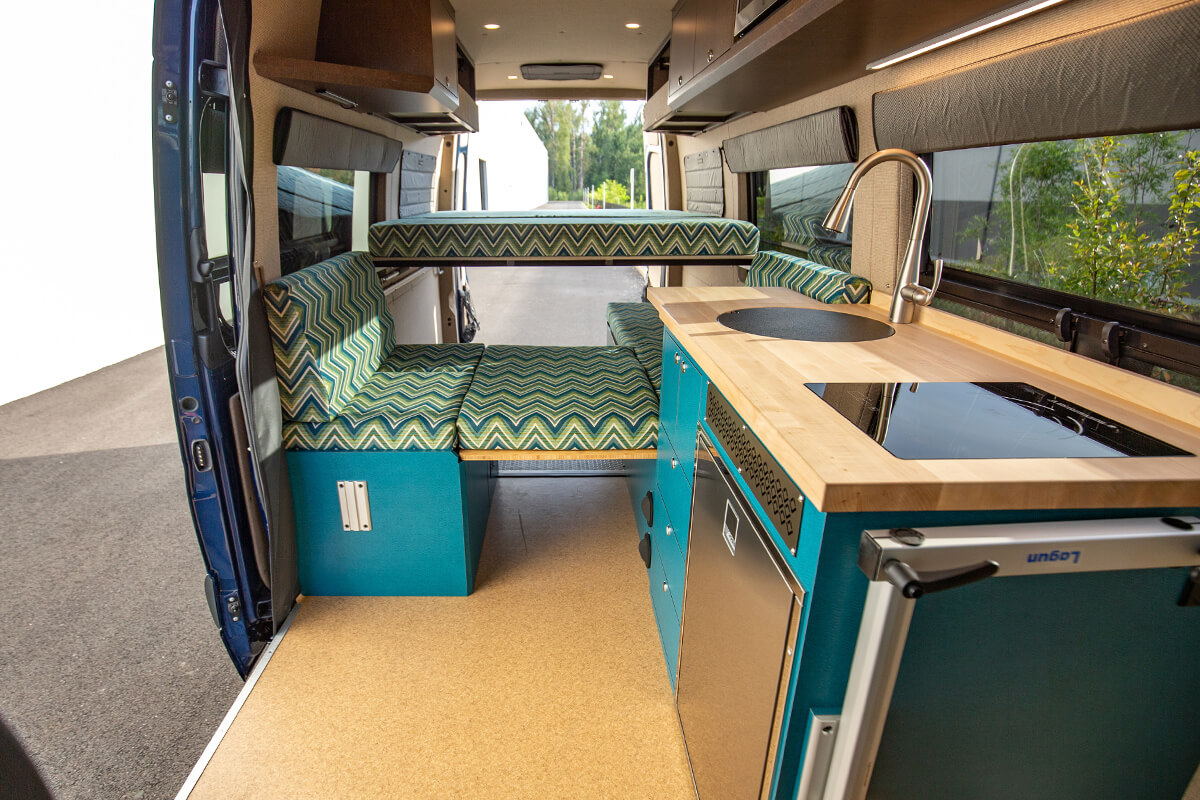 Wide interior image of custom off road sprinter van conversion