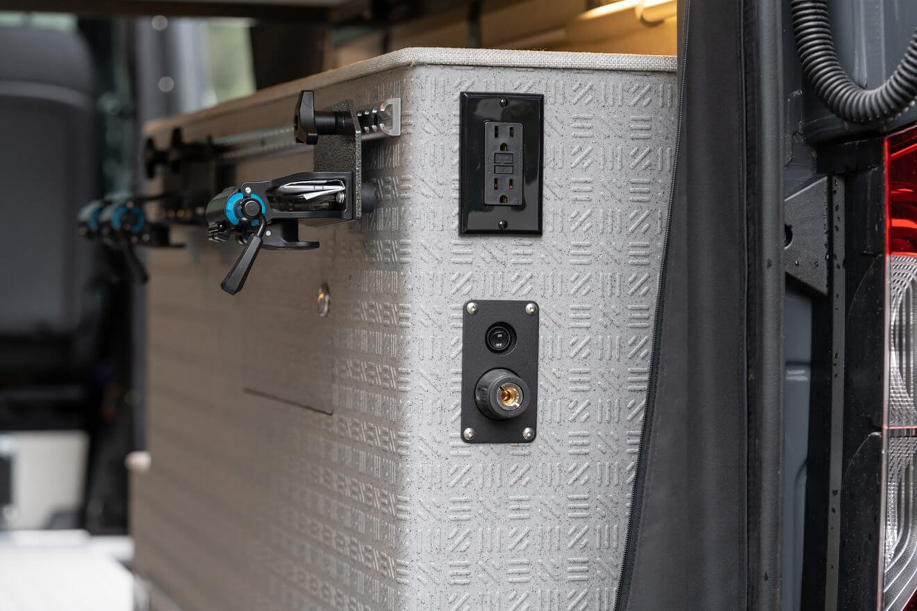 Castle box tower with outlet and on-board air compressor connection with mac track and bike fork mounts