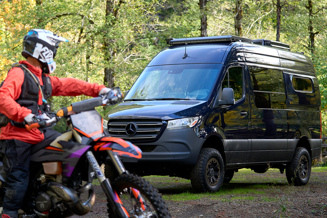 Koda by Outside Van is a custom four wheel driver sprinter conversion built as a motorcycle and dirt bike hauler. Outside Van is a custom van builder in Portland Oregon