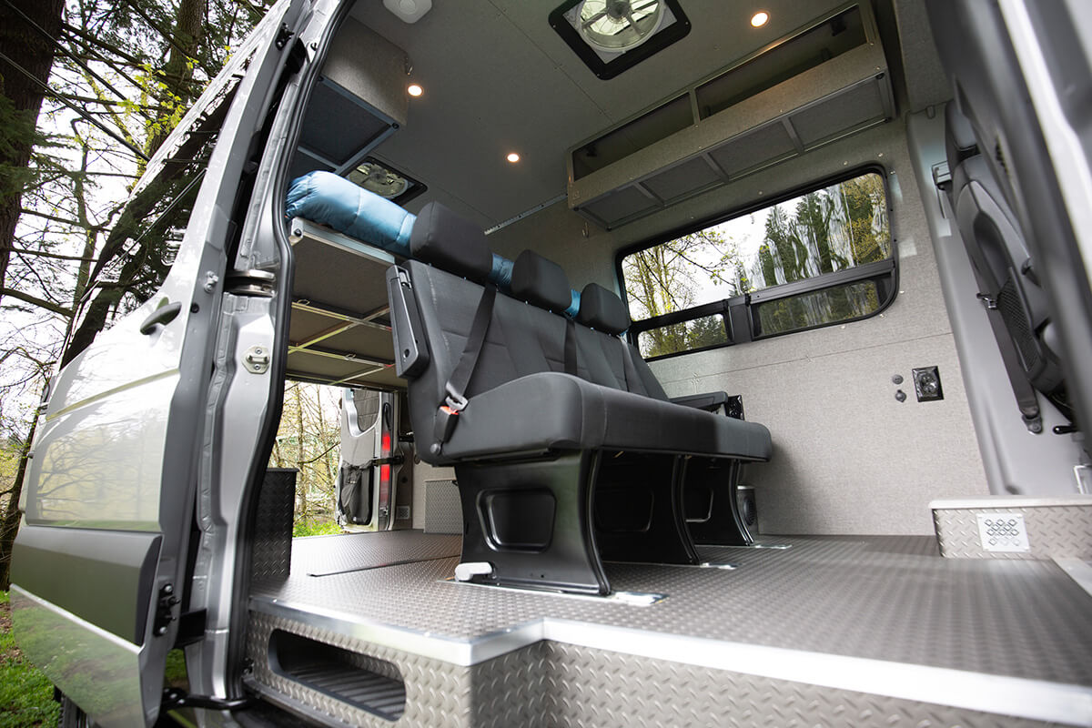 seating for 5 and sleeping for 2 Outside Van's custom conversion for ideal camping