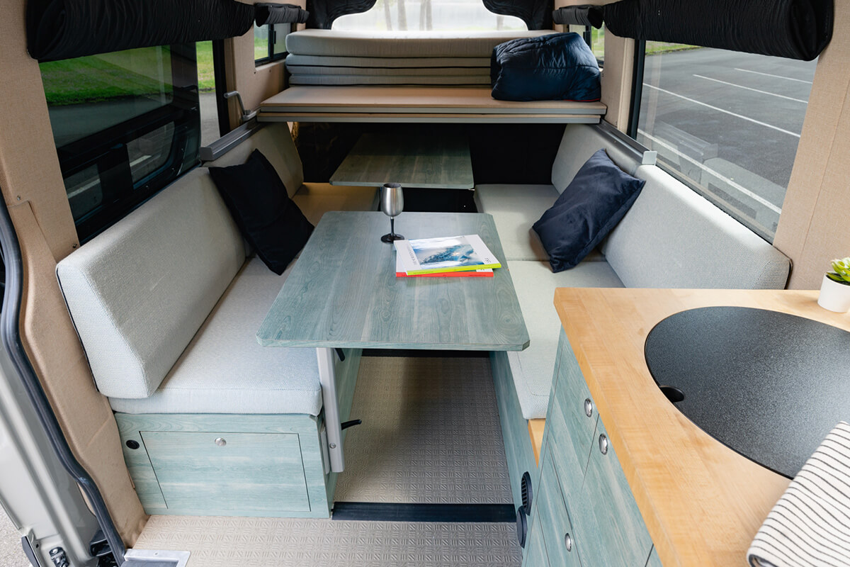 Custom blue interior of Outside Van built in Portland, OR