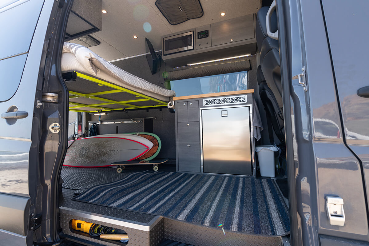 Interior of custom surfing van built by Outside Van