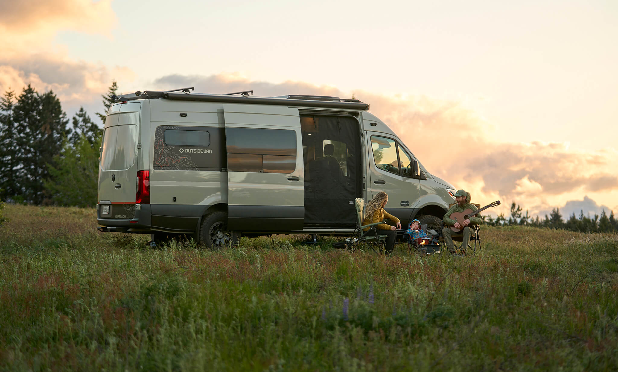 Outside Van Approach Family Camping at Sunset